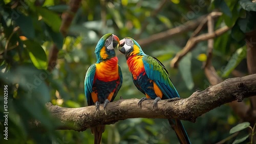 Two colorful macaws perched on branch amidst leafy foliage showcasing exotic beauty