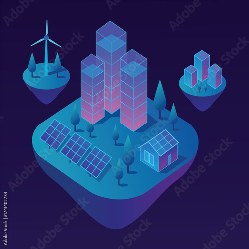 Futuristic Isometric Eco City with Solar Panels and Wind Turbine