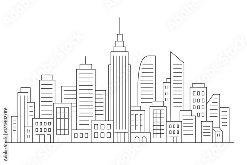 Thin line city landscape vector illustration. Urban skyline with skyscrapers. Downtown architecture background. Minimalist metropolis outline drawing for design template.