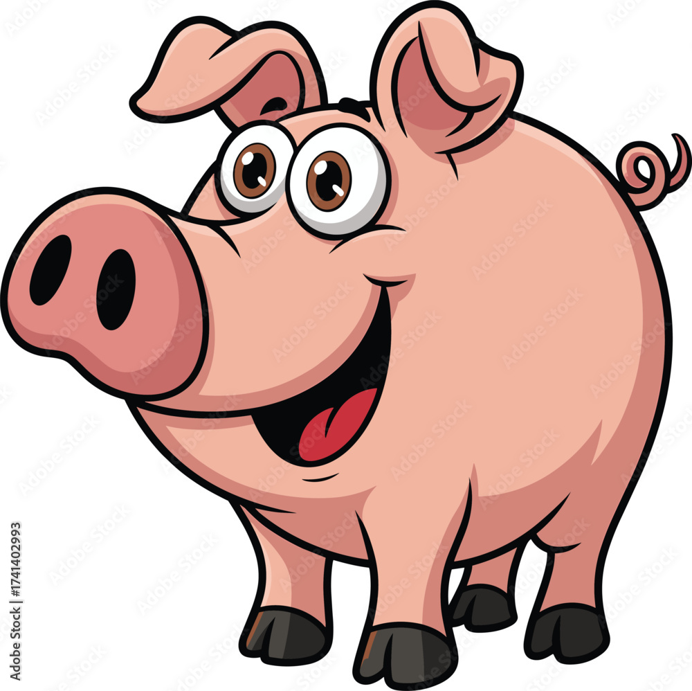 Naklejka premium Cartoon pig smiling, cute farm animal, vector illustration, playful character, children design, stock image, funny pig art, animated mascot