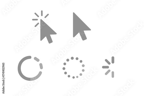 Computer mouse click cursor gray arrow icons and loading symbols. Vector pack of pointer, wait, and buffer signs for web UI/UX. Flat design isolated on transparent background.