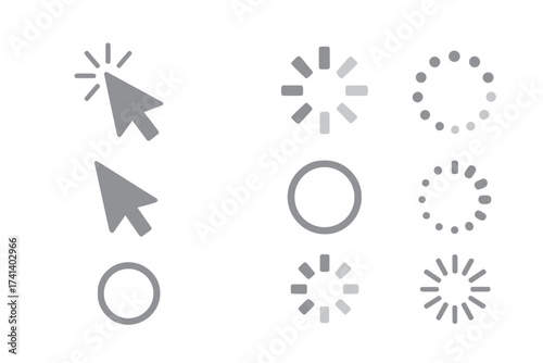 Computer mouse click cursor arrow and loading spinner icon set. UI UX web design elements. Pointer, wait, buffer, and preloader signs. Vector illustration on transparent.