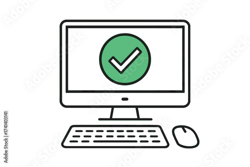 Computer with green checkmark on screen. Approved tick notification icon. Concept of successful software update, completed task, or system security check. Accepted verification.