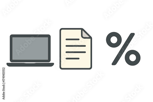 Online business and finance icon set with laptop, document, and percent sign. Concept for digital banking, financial report, data analysis, tax return, loan, or sales discount.