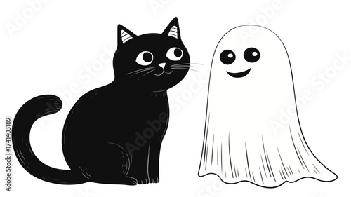 Charming Black Cat Playing with a Fun Ghost Companion