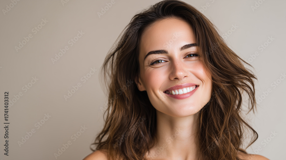 Naklejka premium Happy woman with gentle smile posing in studio with soft lighting