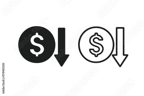 Cost reduction icon set. Dollar down symbol. Price reduction, salary decrease, and budget cut concept. Financial crisis, economy recession, and investment loss vector sign.
