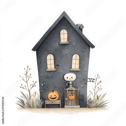 Spooky Halloween House with Skeleton and Pumpkin Decorations