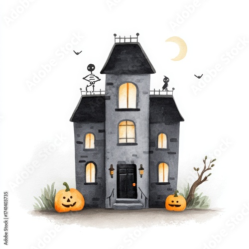 Spooky Haunted House with Pumpkins and Halloween Decorations