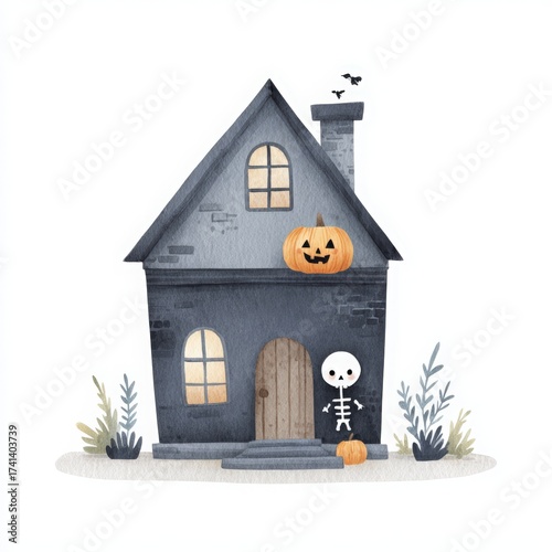 Spooky Halloween House with Pumpkin and Skeleton Decoration