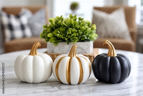 Decorative Halloween Pumpkins in White, Black, and Gold Finishes