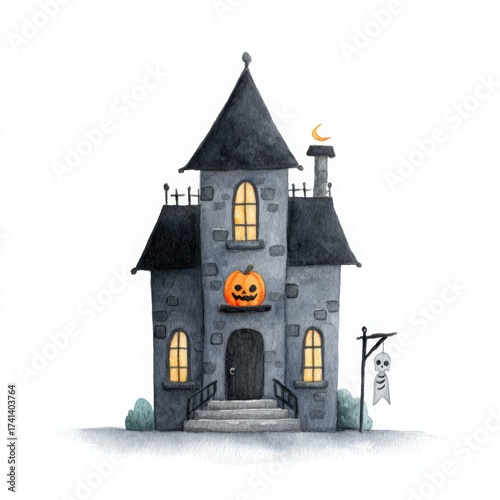 Spooky Halloween House with Pumpkin and Ghost Decoration