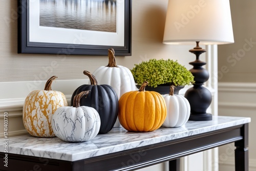 Elegant Autumn Decor with Colorful Pumpkins on Marble Table