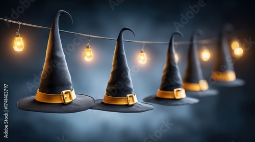 Witch Hats Hanging Under Glowing Lights for Halloween Decor
