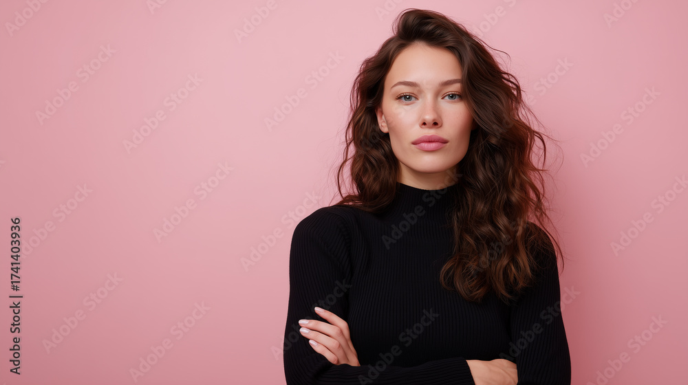 Fototapeta premium Confident young brunette woman with natural makeup and wavy hair on pink backdrop