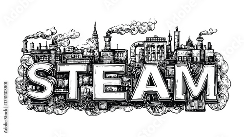 Industrial factory drawing with steam word, ideal for industrial concepts