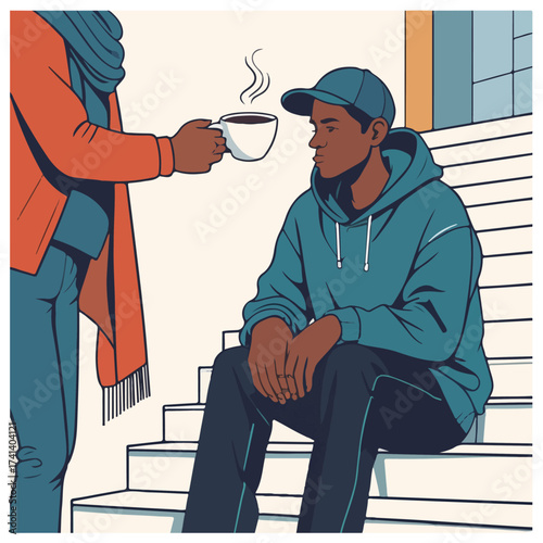 Compassionate World Homeless Day flat vector illustration with city streets, volunteers, donations, outreach programs, winter shelters, and human support concepts