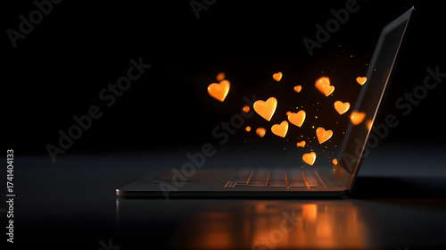 Laptop screen emitting glowing hearts for online love concept