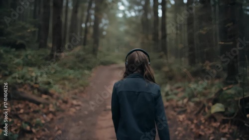 Young woman with headphones enjoying music in a scenic natural forest environment surrounded by tall trees during peaceful day