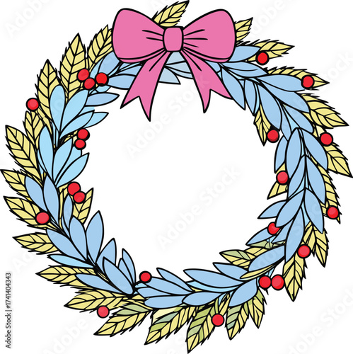Festive Holiday Wreath with a Pink Bow, Blue and Yellow Leaves, and Red Berries for Christmas or Winter Decoration