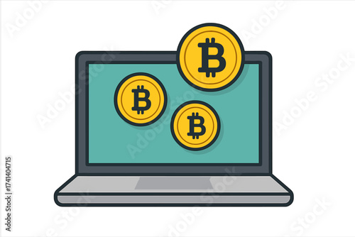 Laptop with bitcoin vector illustration. Cryptocurrency trading concept. Digital money, blockchain technology. Online finance, fintech, crypto payment, investment flat design.