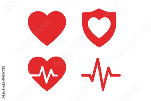 Heart health and cardiology icon set. Red vector symbols for medical care and wellness. Includes love, pulse line, heartbeat, EKG, and shield for health insurance or protection.
