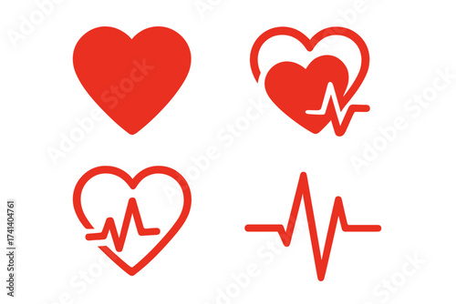 Heartbeat and heart icon set for medical design. Vector of cardiology pulse line, ECG, EKG rhythm. Red love symbol for health, like button, and healthcare graphic.