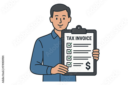 Man holding clipboard with tax invoice document. Financial accounting, business report, and payment calculation. Checklist for budget, expenses, and income. Tax time concept.