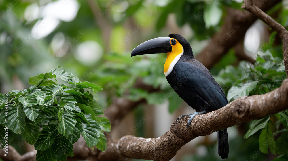 Fototapeta premium Colorful tropical toucan resting on branch amid dense rainforest greenery