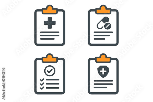 Medical clipboard vector icon set. Concepts for clinical record, prescription medication, health insurance claim, and health check report. Flat isolated illustration for web.