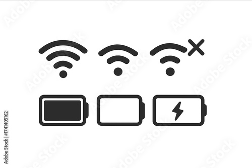 Mobile phone system icon set. Wifi signal strength meter from full to no connection. Smartphone battery charge level status from full and empty to charging. Vector UI signs.