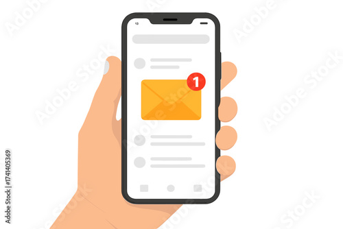 New email notification on smartphone. Hand holding mobile phone with unread message in the mail app inbox. Digital communication, online business marketing vector concept.
