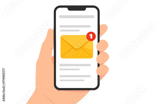 New email notification on mobile phone screen. Hand holding smartphone with mail app. Unread message in inbox, alert badge. Digital communication, business concept vector.