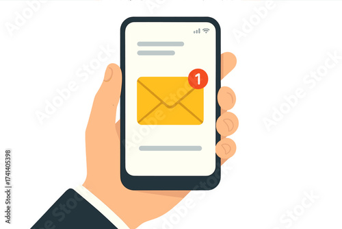 New email notification on smartphone screen. Hand holding mobile phone with unread message alert in mail app. Business communication concept. Vector illustration flat design.