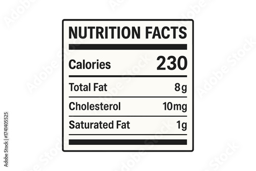 Nutrition Facts information label for packaging. Daily value ingredient data with calories, cholesterol, and fats. Food product nutritional table. Healthy diet concept vector.