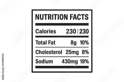 Nutrition facts label vector illustration for food packaging. Daily value information table with calories, fat, cholesterol, sodium. Healthy diet, eating guide flat design graphic.