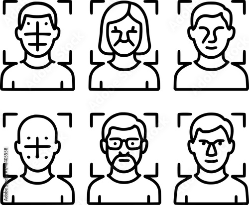 Facial recognition technology head grid outline icons set