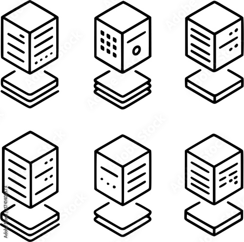 Floating server racks isometric 3D vector icons black line drawing