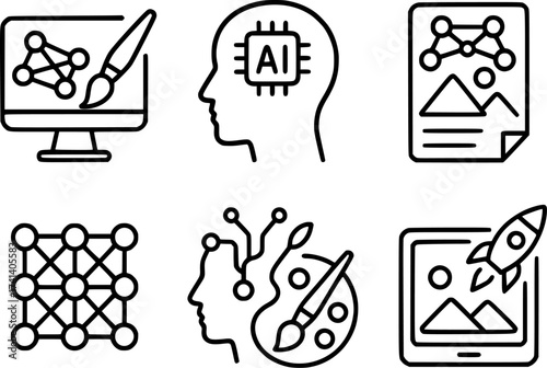 Generative AI art and design vector icons set artificial intelligence creativity neural network digi