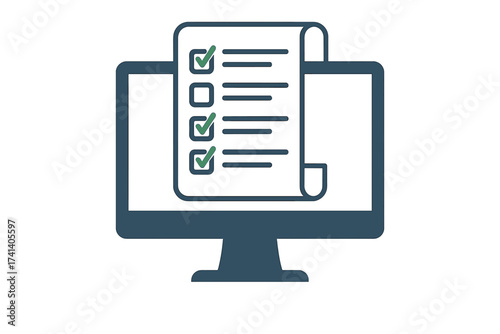 Online form survey on computer monitor. Digital questionnaire, exam or test icon. Checklist document for feedback, evaluation or voting. Internet quiz results vector concept.