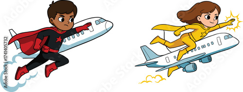 Cartoon superheroes flying with airplanes, boy and girl heroes, colorful illustration, fantasy adventure, comic style, action pose, aviation themed artwork
