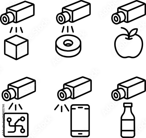 Machine vision camera icons scanning objects vector illustration set