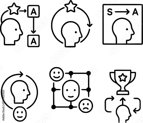 Reinforcement learning decision making agent icons set