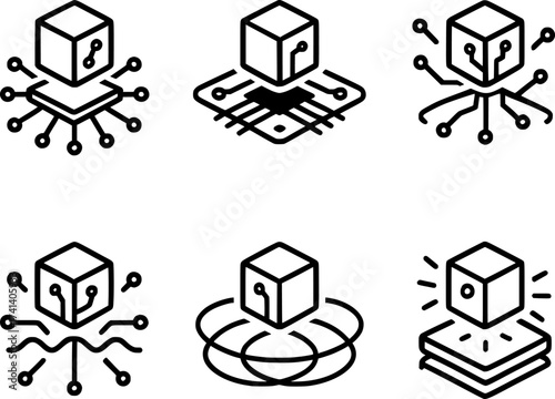 Quantum Processor Cube Technology Line Icons Set