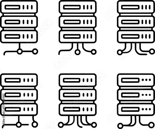 Server towers with connected network wires and blinking lights vector icon set