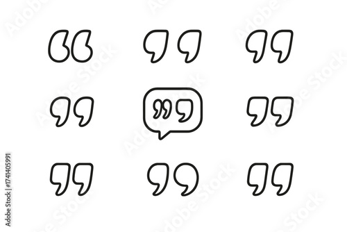 Quotes icon vector set. Quotemarks outline collection. Speech marks, inverted commas, talking marks. Dialogue symbol. Comment, citation, communication. Testimonial, feedback.