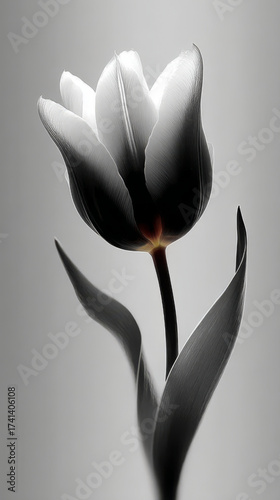 Dramatic tulip blossom, black and white, symbolizing fragility and beauty, against a grey backdrop with copy space