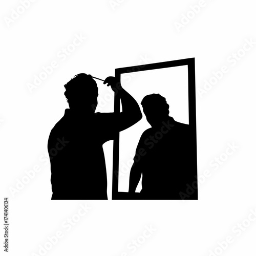 Silhouette of a man brushing hair in a mirror isolated on white background