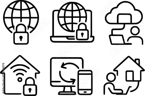 VPN connection and remote access outline icons set