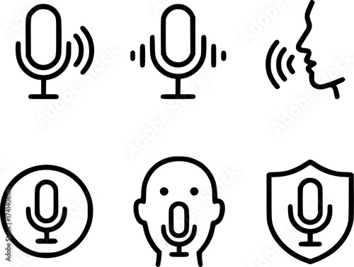 Voice command and speech recognition vector icon set microphone face sound wave secure voice symbols